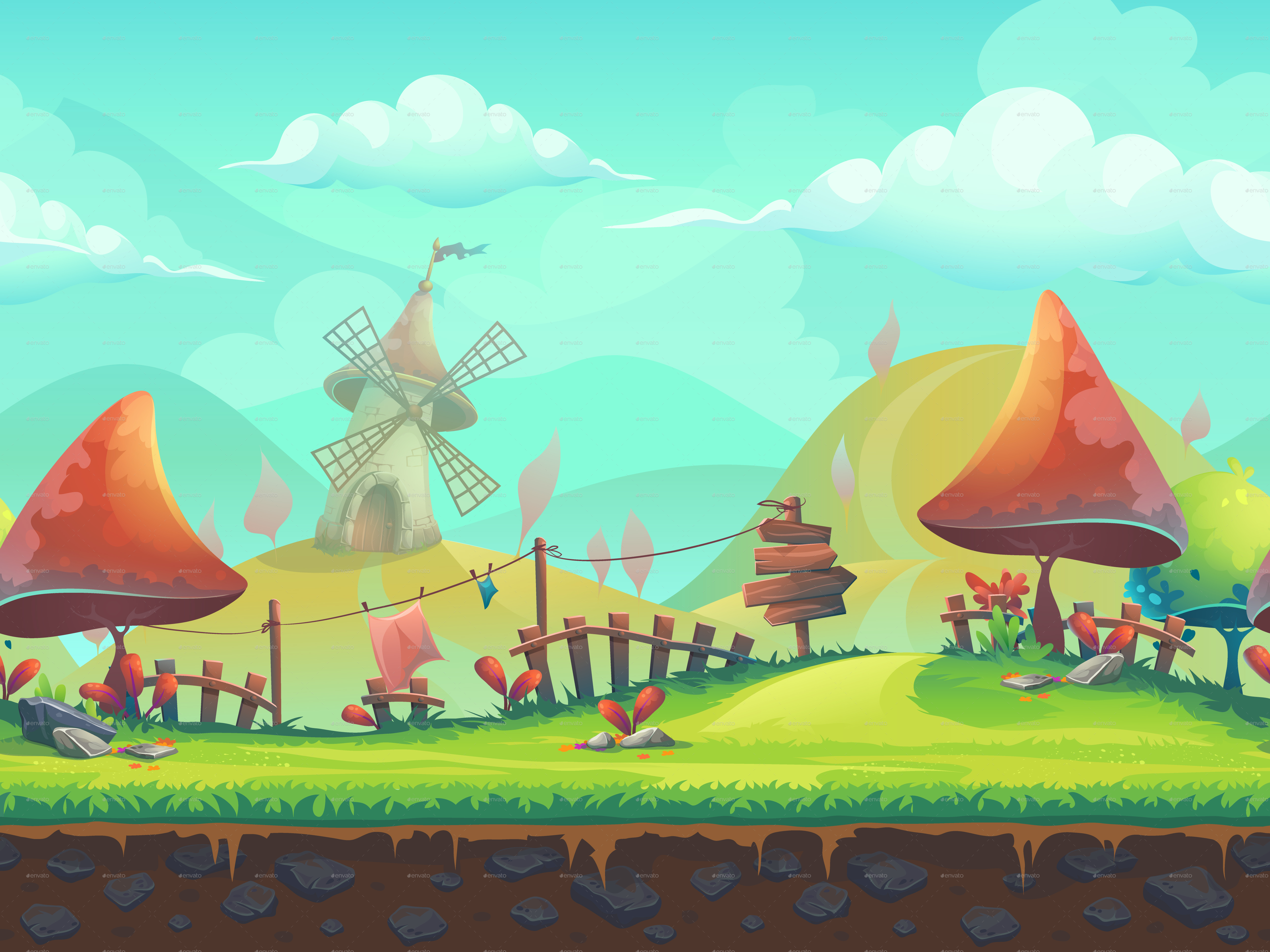 Seamless Cartoon Landscape with a Windmill by Nearbirds | GraphicRiver